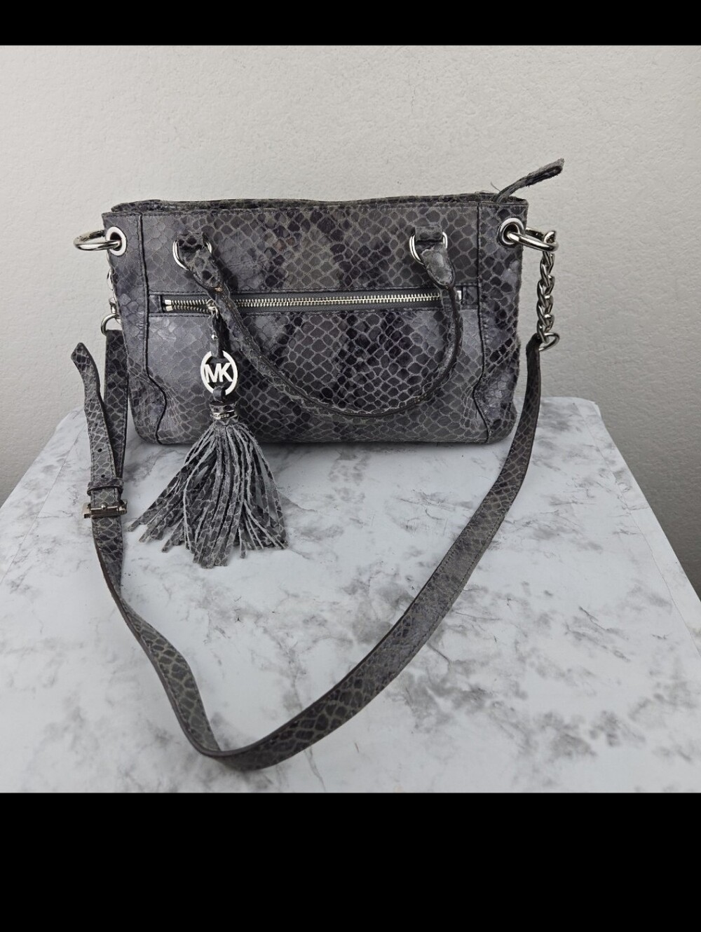 Michael Kors Gray Snake-Print Leather Satchel with Tassel